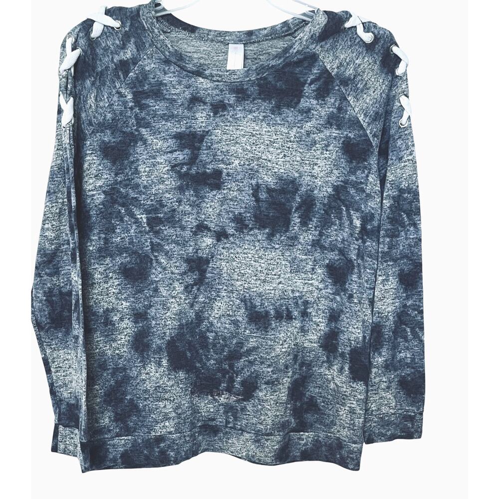 NO BO LONG SLV PULL-OVER CREW NECK TOP, WOMENS, XL(15-17)-BLUE GREY WHTE TIE DYE